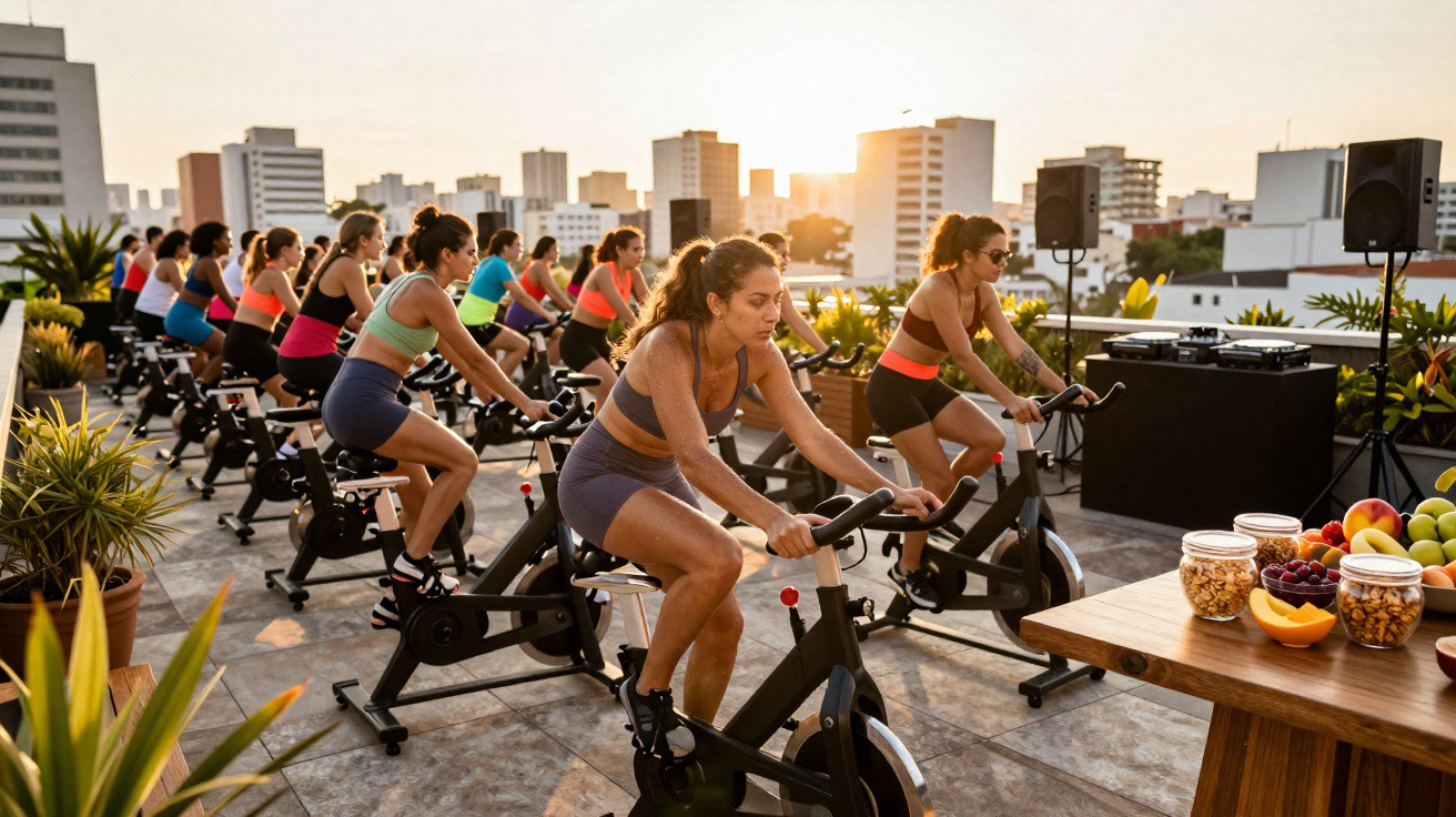 Frauen beim Spinning-Kurs auf dem Dach mit Stadtblick bei Sonnenuntergang und gesunden Snacks auf dem Tisch.