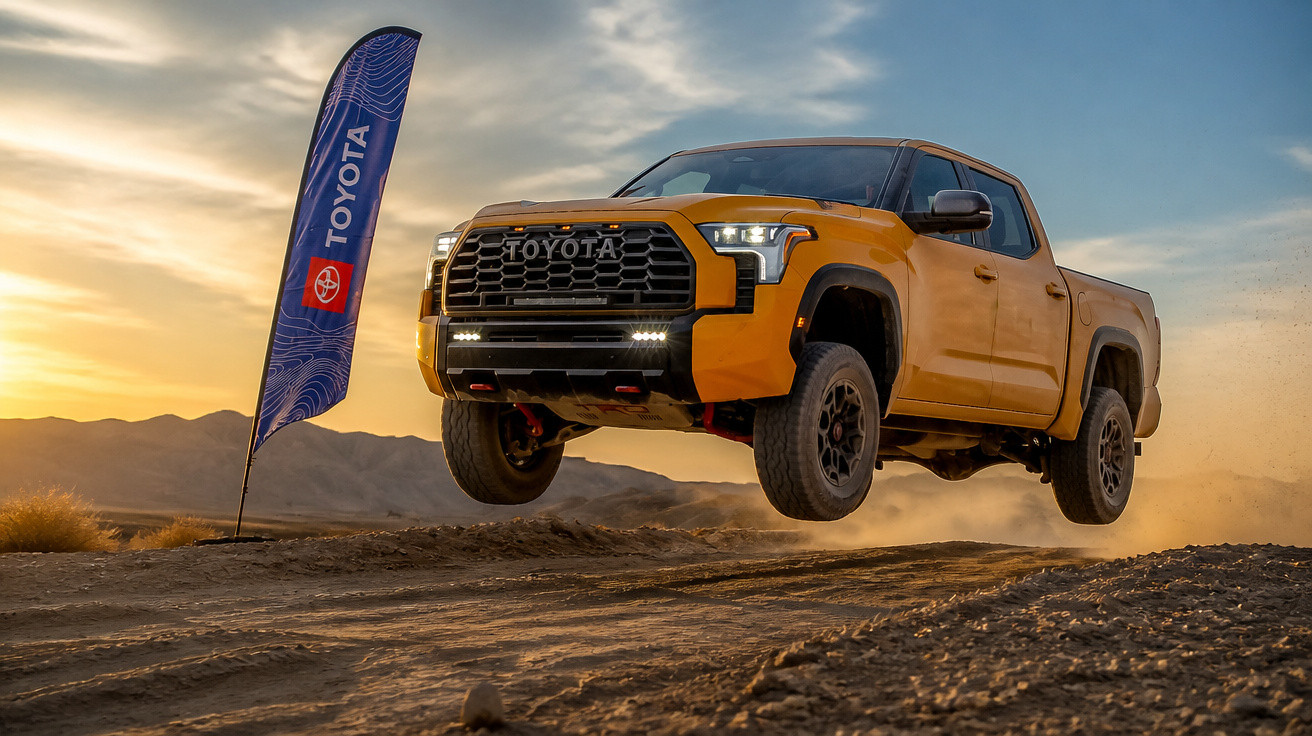 Orangener Toyota Pickup fährt im Gelände bei Sonnenuntergang über unebenen, staubigen Boden.
