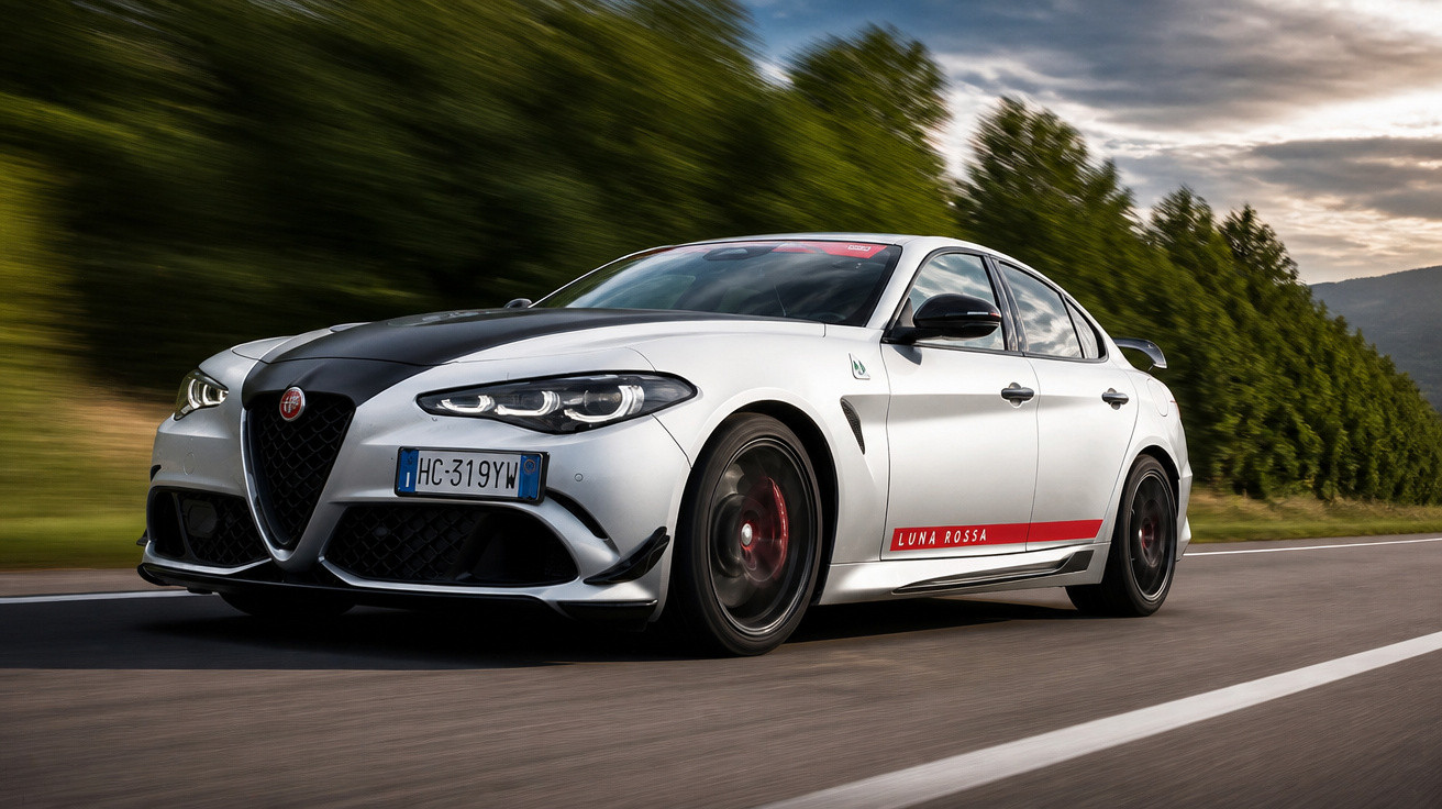 Weißer Alfa Romeo Giulia mit rotem Schriftzug Luna Rossa fährt auf Baum-lined Landstraße bei bewölktem Himmel.