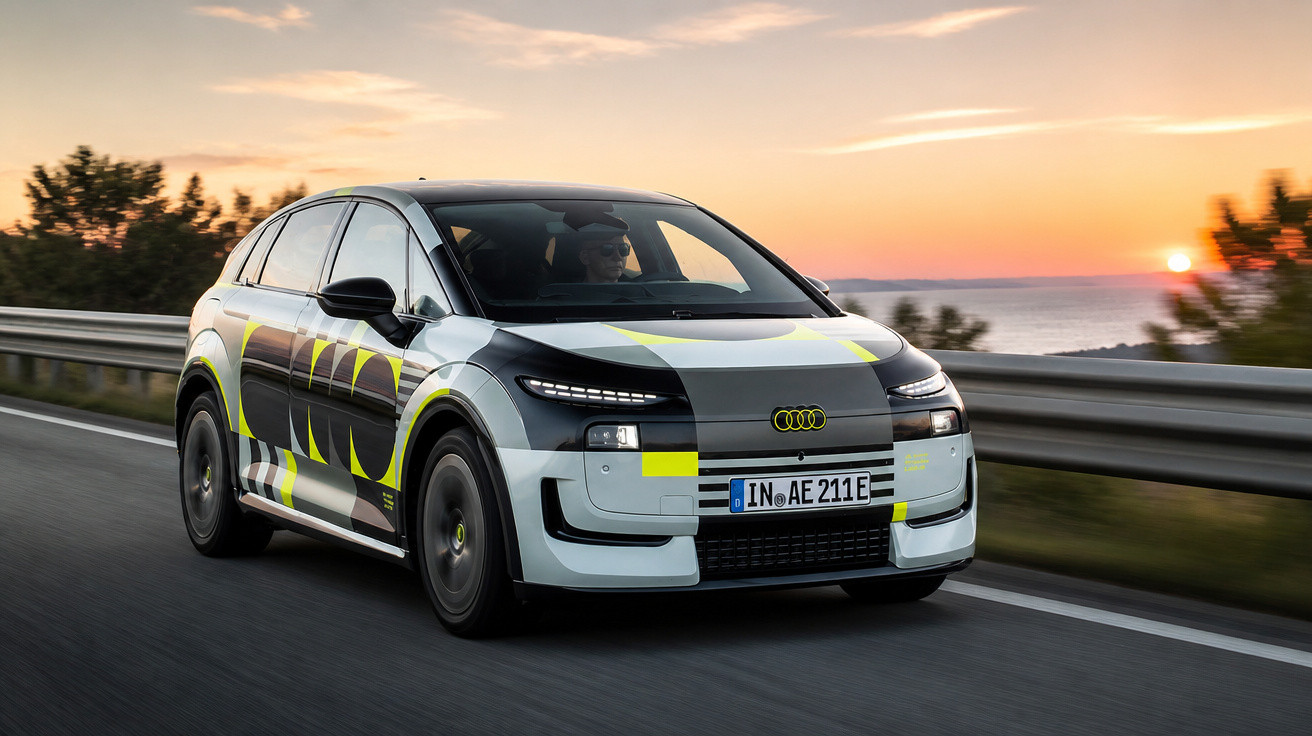 Audi Elektroauto mit auffälligem Design fährt bei Sonnenuntergang auf einer Landstraße am Meer entlang.