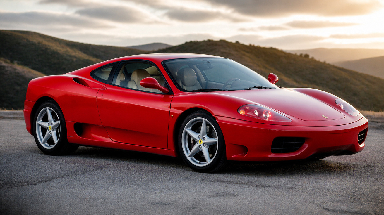 Roter Ferrari-Sportwagen seitlich im Sonnenuntergang vor hügeliger Landschaft auf Asphaltparkplatz.