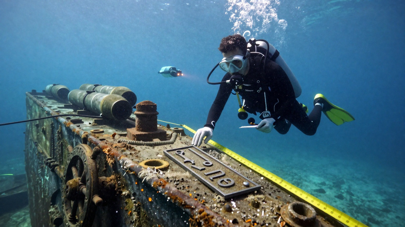 Taucher untersucht mit Messband und Roboter ein rostiges Wrack auf Meeresgrund.