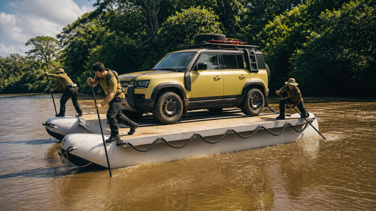 Geländewagen auf Pontonflöße mit drei Männern, die mit Stangen einen Fluss in dicht bewaldeter Umgebung überqueren.