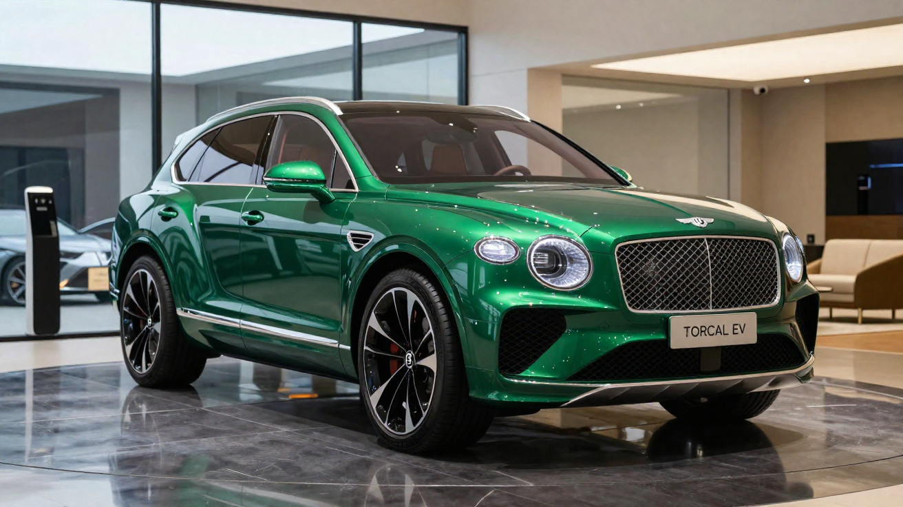 Grünes Bentley Torcal EV Elektroauto im Showroom mit glänzendem Marmorboden und moderner Einrichtung.