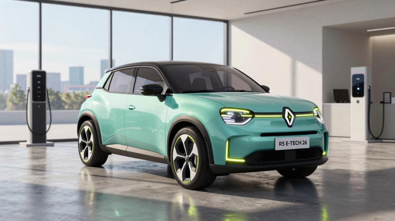 Grüner Renault R5 E-Tech Elektro-Kleinwagen in moderner Ladestation mit großen Fenstern und Stadtblick.
