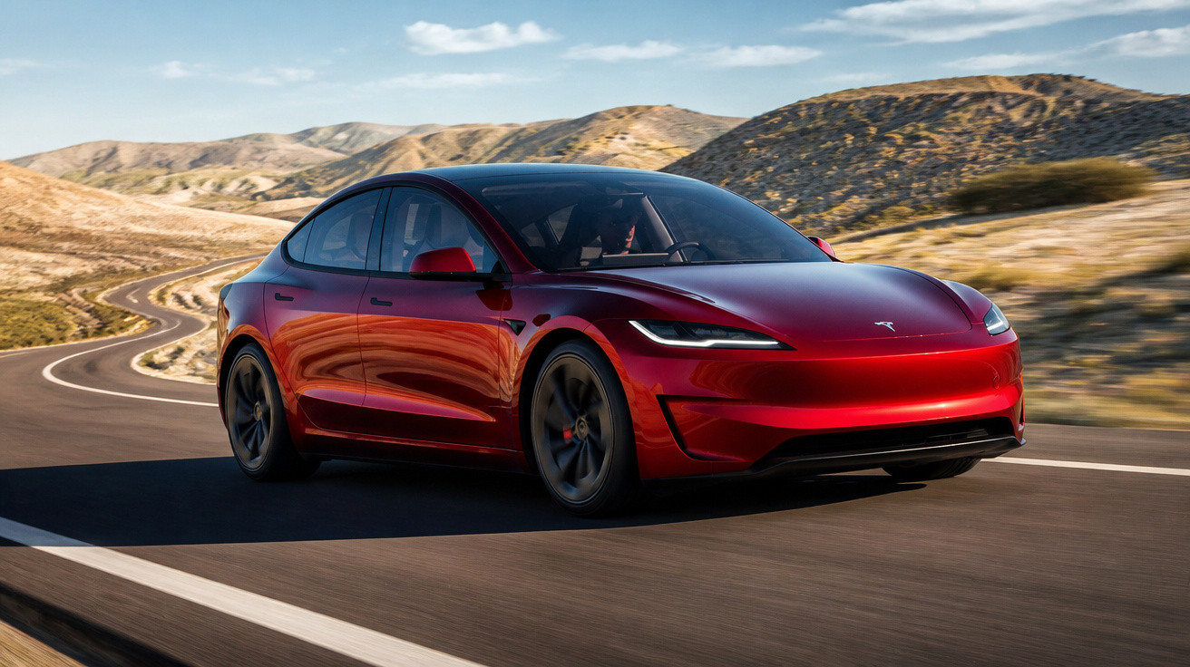 Roter Tesla Model S fährt auf kurviger Straße durch bergige, sonnenbeschienene Landschaft.