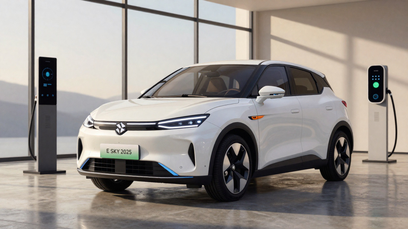 Weißes Elektroauto E Sky 2025 in modernem Raum zwischen zwei Ladestationen stehend.