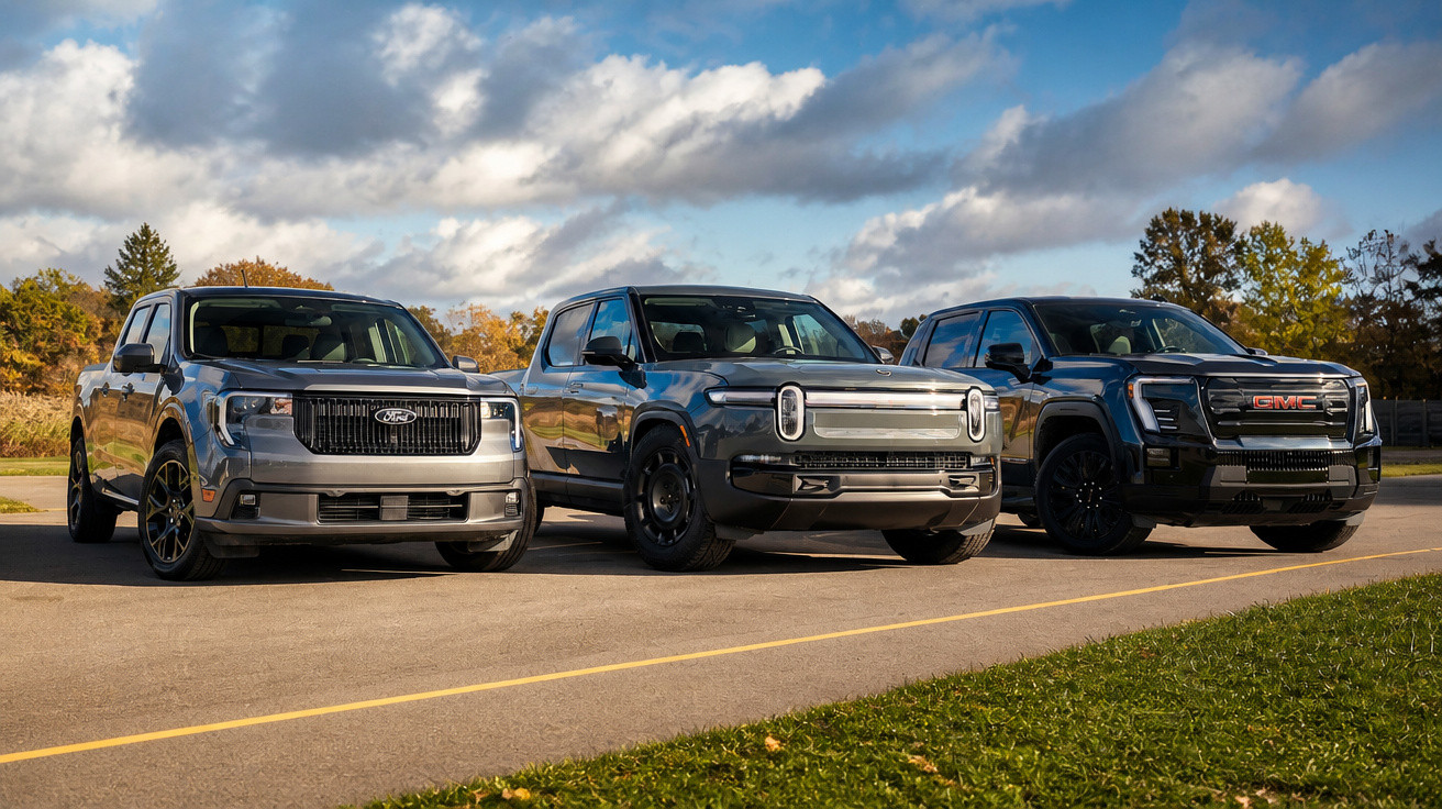 Drei moderne Elektro-Pickup-Trucks von Ford, Rivian und GMC auf einem Parkplatz bei Sonnenlicht.