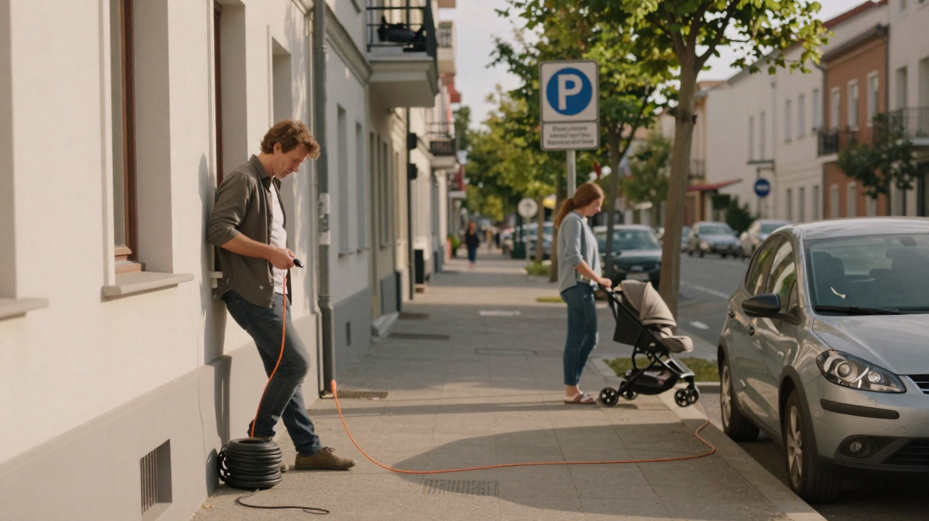 Ein Mann lädt ein Elektroauto mit Kabel auf, während eine Frau mit Kinderwagen auf dem Bürgersteig steht.