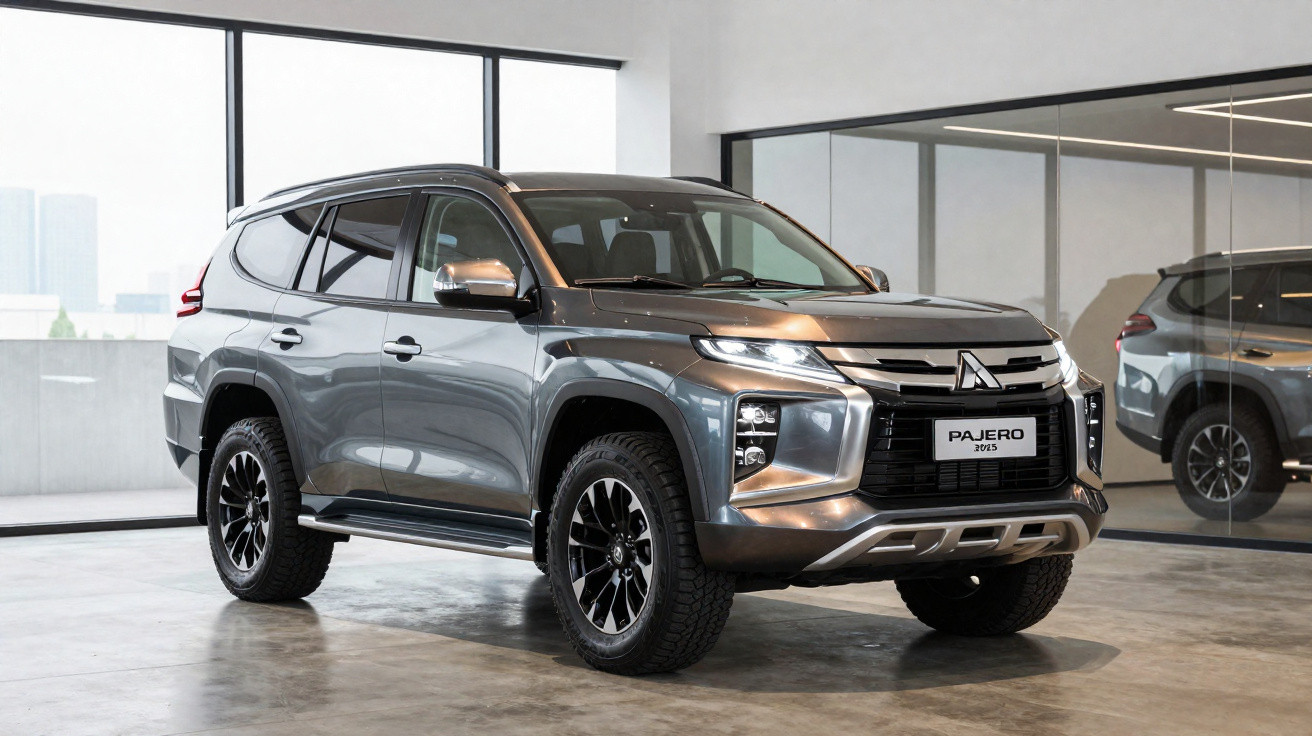 Grauer Mitsubishi Pajero SUV steht in modernem Showroom mit großen Fenstern und Spiegelwand.