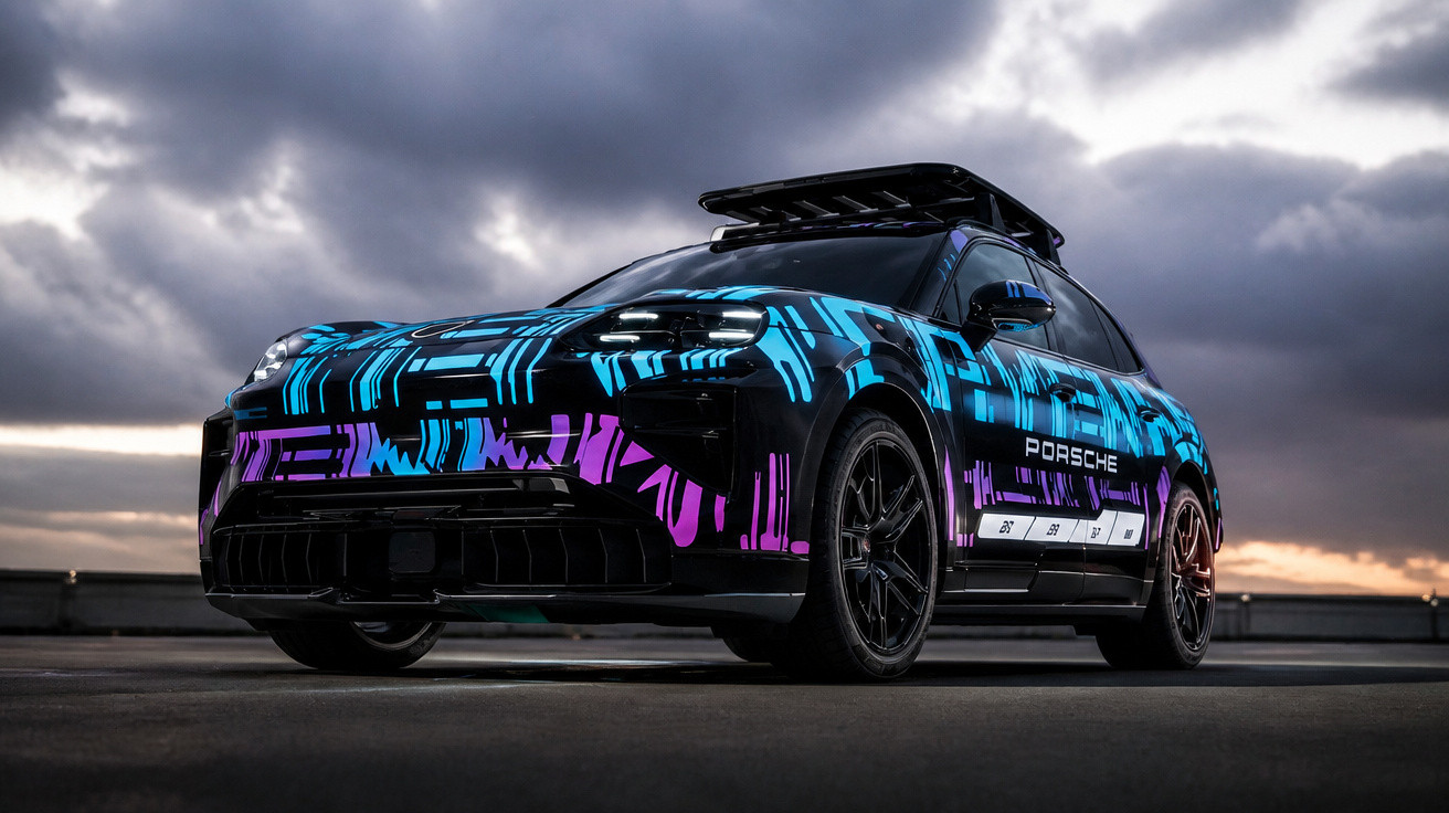 Sportliches elektrisches Porsche SUV mit blau-lila Grafiken bei bewölktem Himmel auf Asphaltparkplatz.
