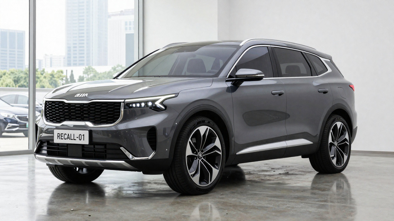 Graues Kia SUV Modell RECALL-01 steht in modernem, hellen Showroom mit Glasfenstern.