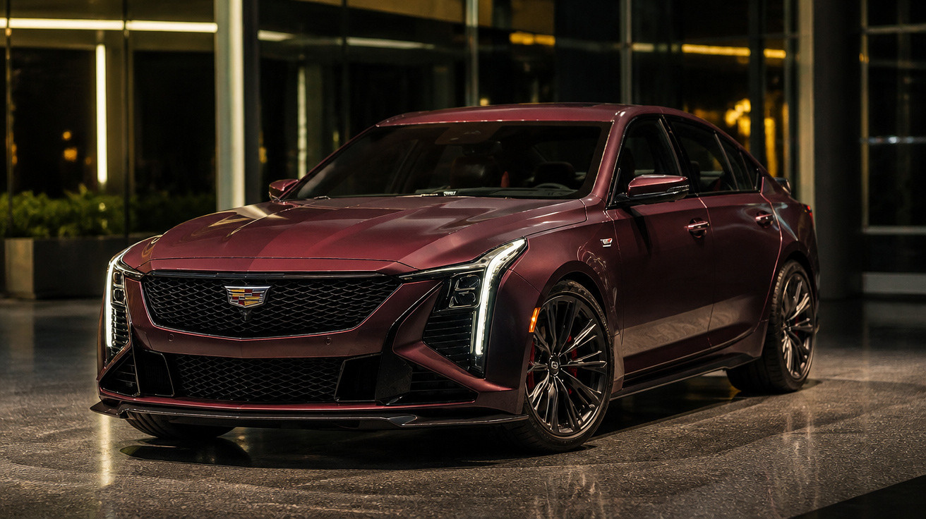 Dunkelrotes Cadillac-Luxusauto mit markantem Frontgrill und LED-Scheinwerfern bei Nacht.