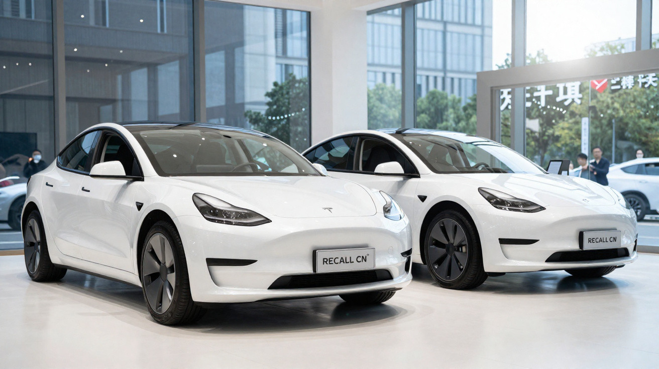 Zwei weiße Tesla Model 3 Elektroautos in einem hellen Showroom mit großen Glasfenstern.