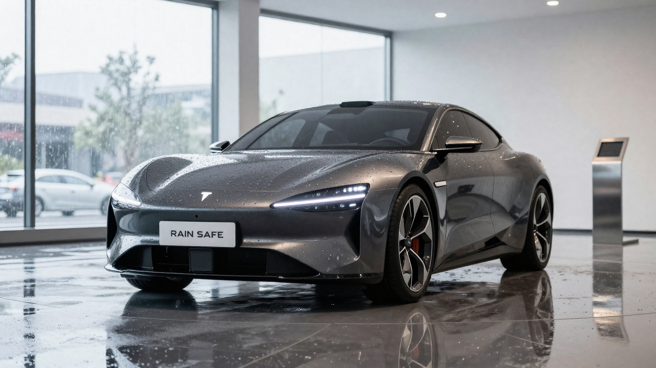 Grauer Tesla-Sportwagen mit Regenperlen steht in modernem Showroom mit Glasfront.