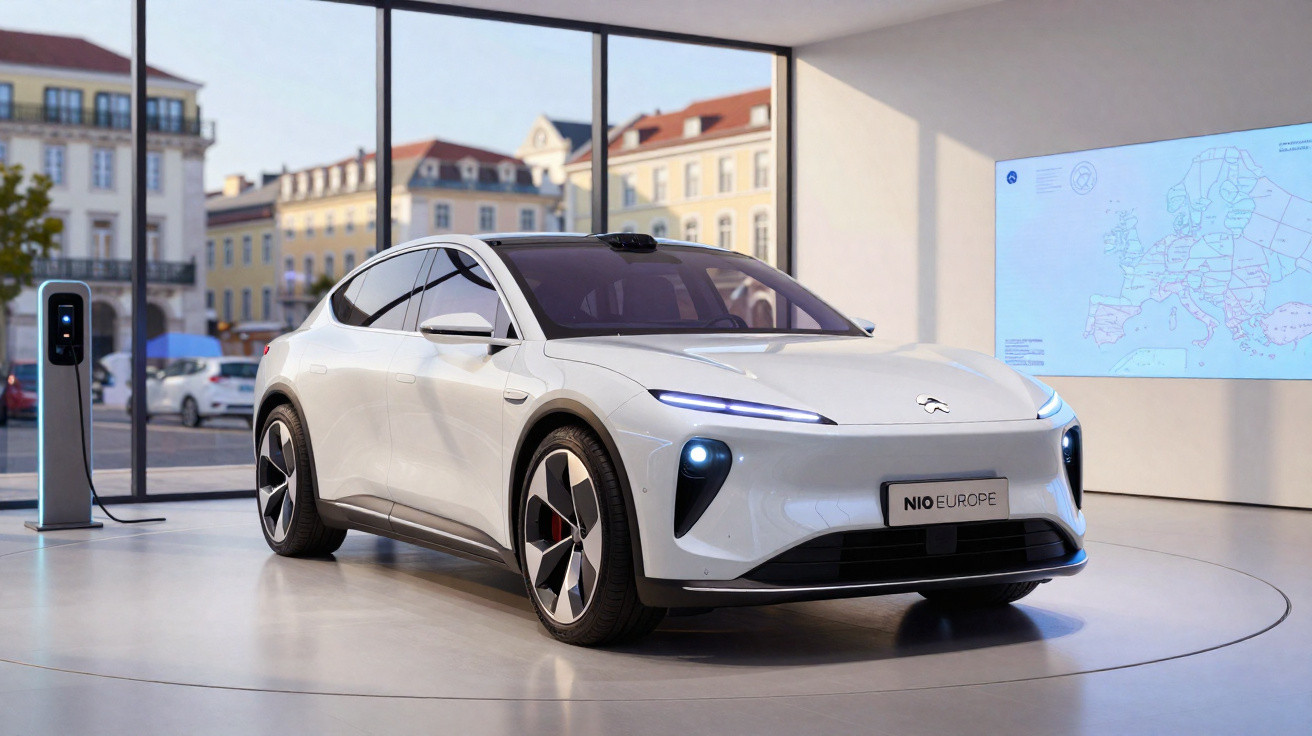 Weißes Elektroauto von NIO steht in modernem Showroom mit Ladestation und Stadtblick durch Panorama-Fenster.