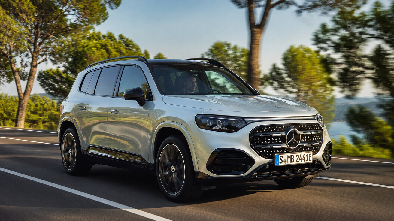 Silberner Mercedes-Benz SUV fährt auf Landstraße mit Bäumen und blauem Himmel im Hintergrund.