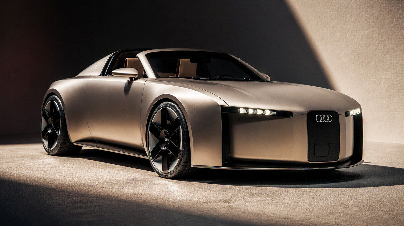 Audi Elektroroadster mit mattem bronzefarbenem Lack in moderner minimalistischer Designlinie vor dunklem Hintergrund