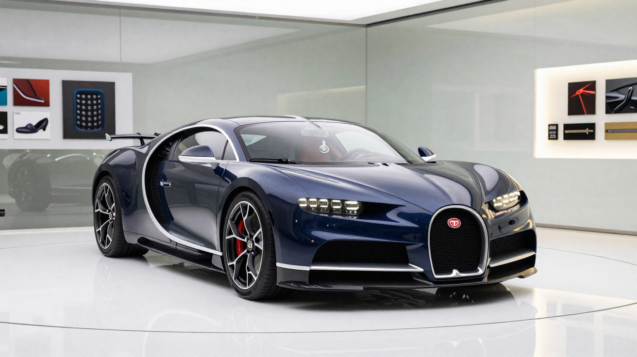 Dunkelblauer Bugatti Chiron Sportwagen in modernem, hellem Ausstellungsraum mit Spiegelung auf dem Boden.