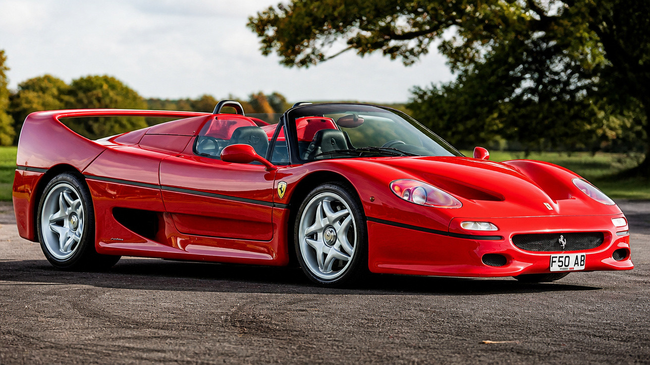 Roter Ferrari F50 Sportwagen mit offenem Dach auf Asphalt vor Bäumen und bewölktem Himmel.