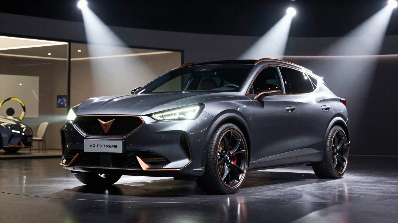 Sportliches graues SUV Cupra VZ Extreme mit LED-Scheinwerfern und schwarzen Felgen in beleuchteter Ausstellungshalle.