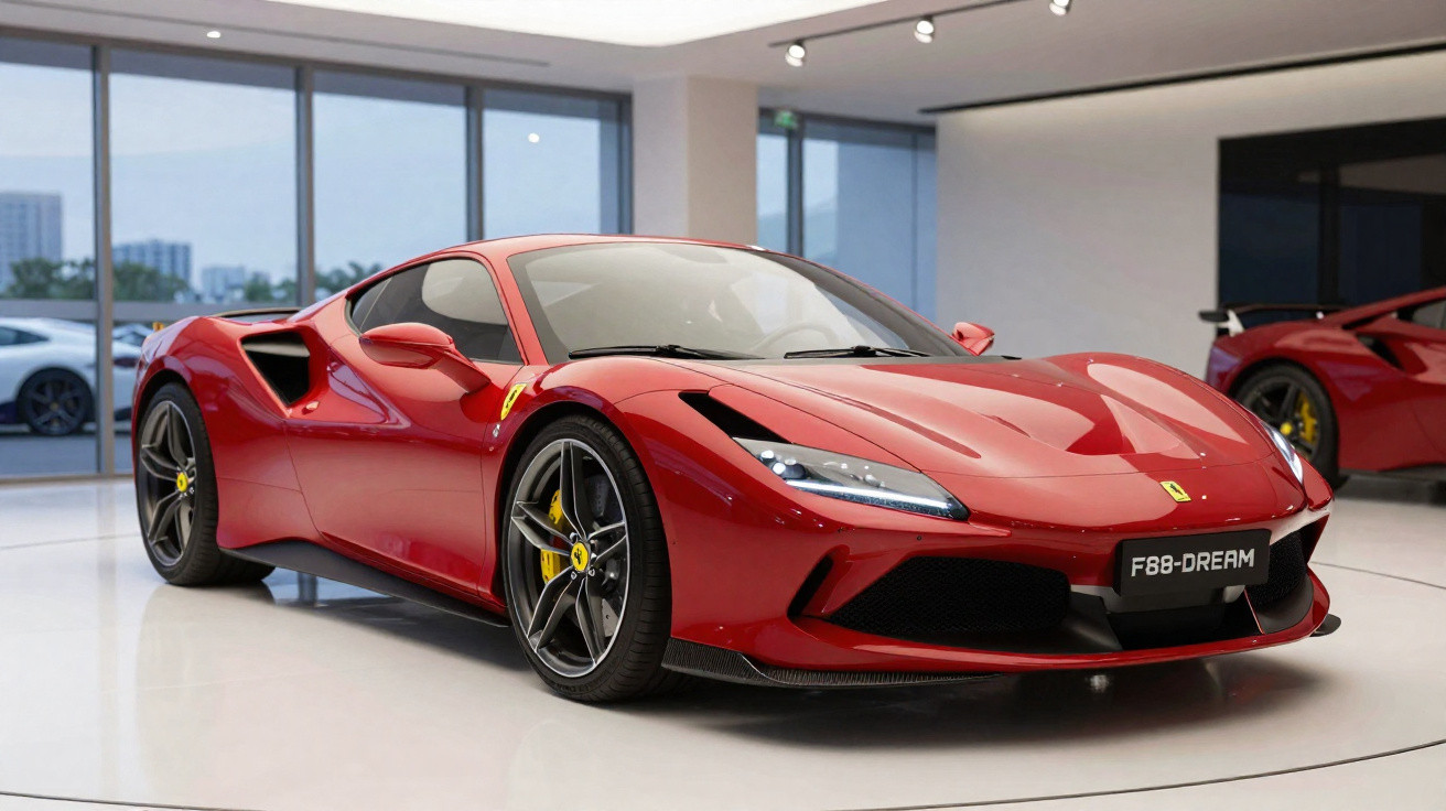 Roter Ferrari F8 Sportwagen in einem modernen Showroom mit großen Fenstern und weißem Boden.