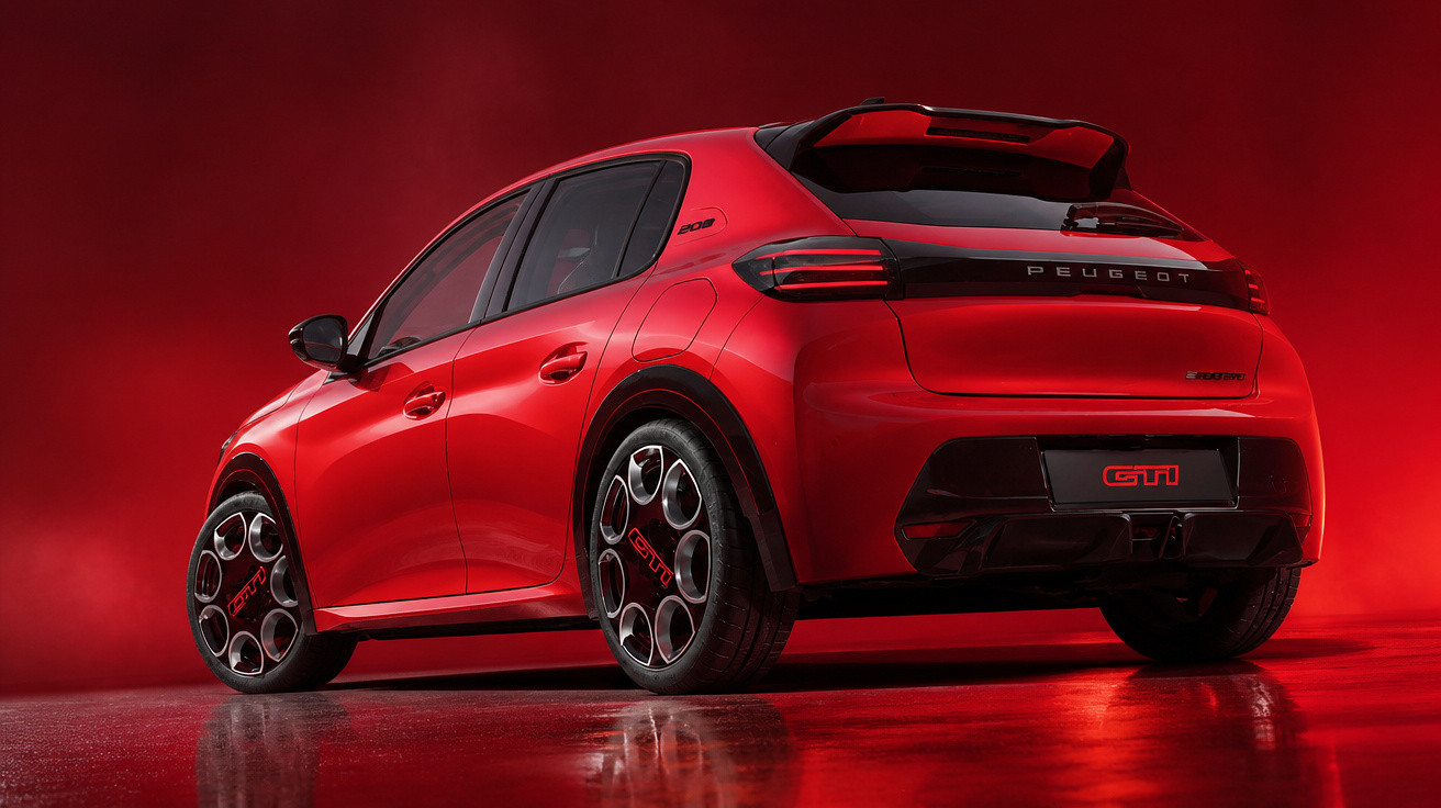 Roter Peugeot 308 GTi von hinten rechts auf rotem Hintergrund, sportliche Felgen und Heckspoiler sichtbar.