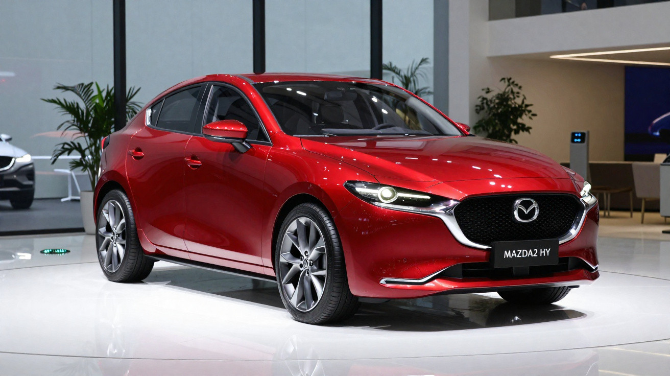 Roter Mazda2 Hybrid im Showroom mit moderner Architektur und Pflanzen im Hintergrund.