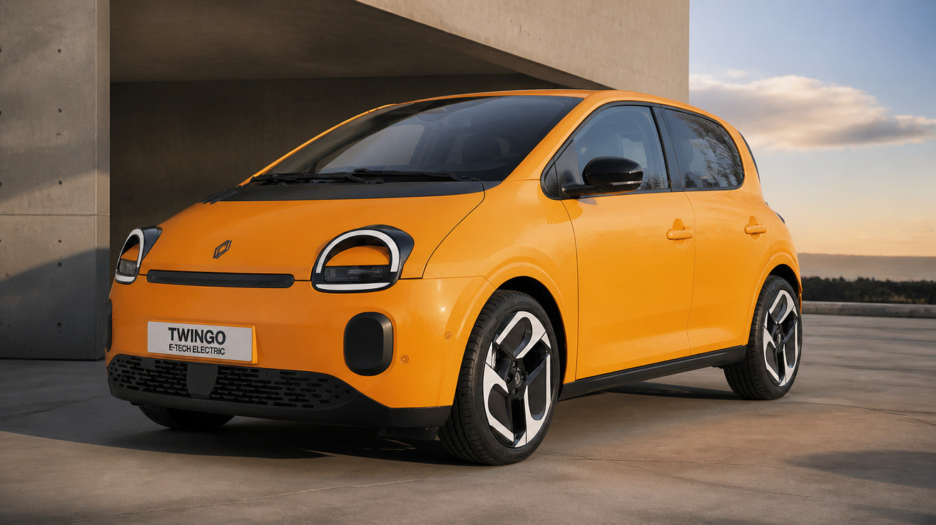 Oranger Renault Twingo E-Tech Electric Kleinwagen vor modernem Gebäude bei Sonnenuntergang.