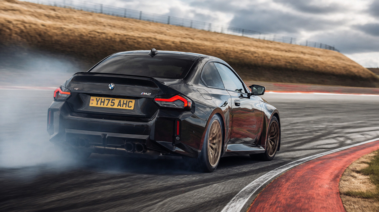 Schwarzer BMW M2 driftet auf Rennstrecke, Rauch hinter den Reifen, bewölkter Himmel im Hintergrund.