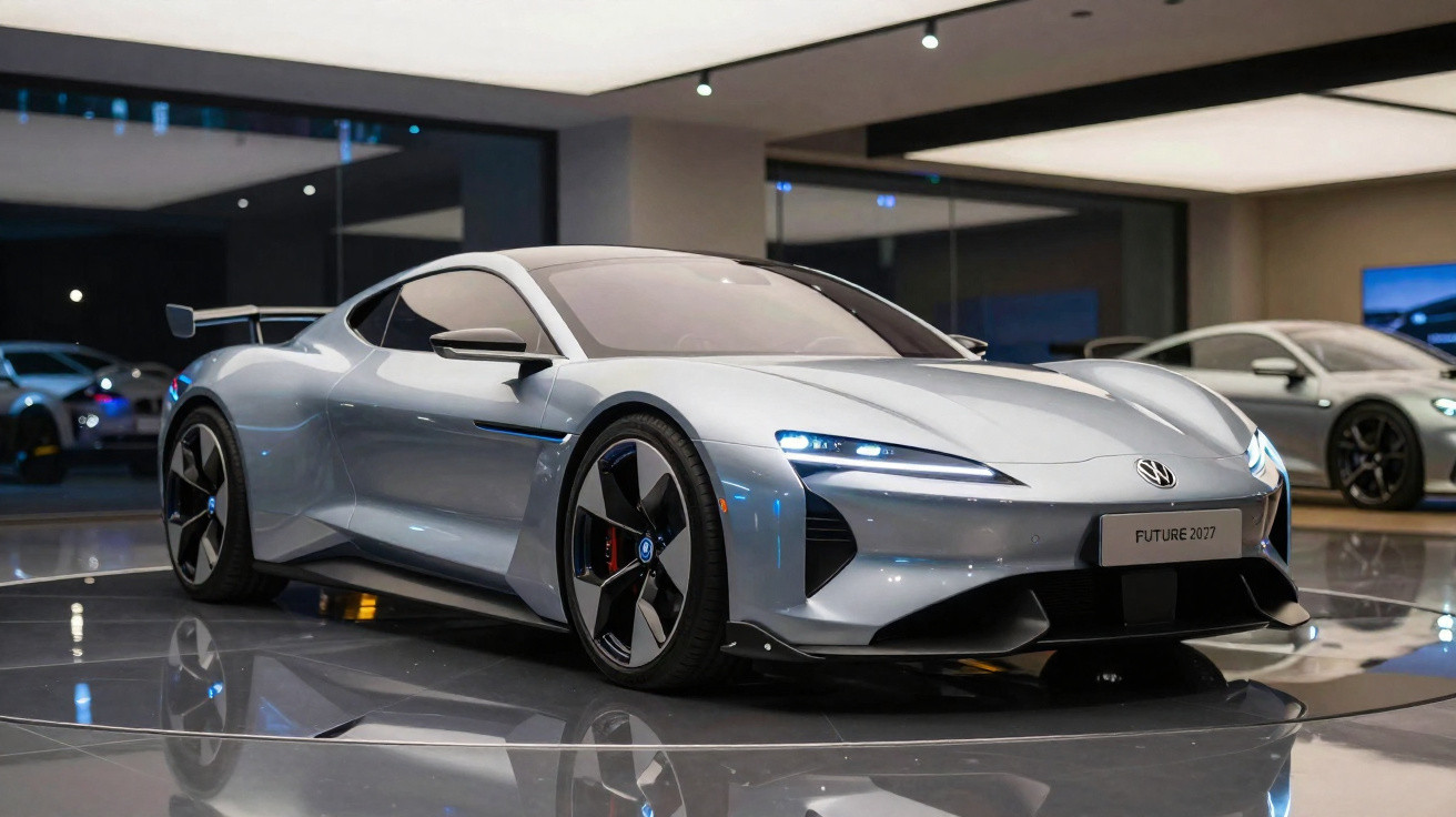 Silberner Volkswagen Elektro-Sportwagen Future 2077 in modernem Showroom bei Nacht 