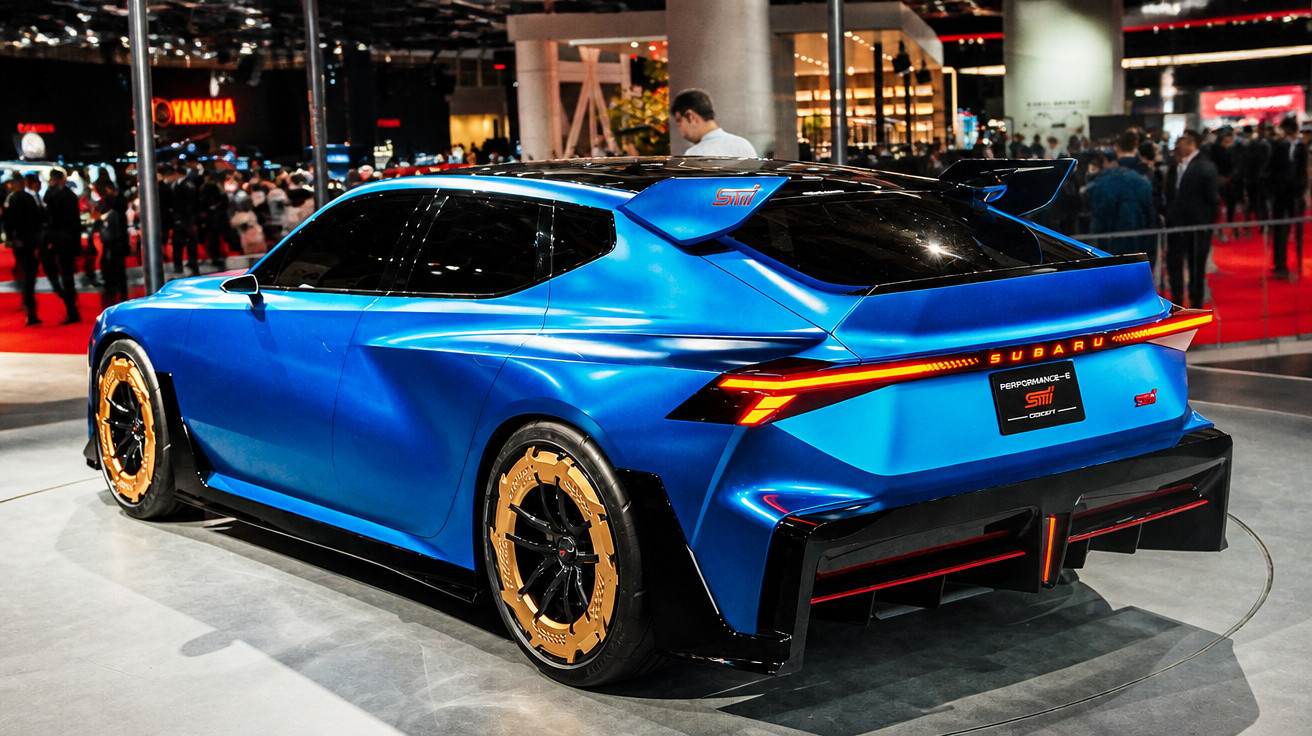 Blaues Subaru STI Performance Concept Auto mit auffälligen goldenen Felgen auf Autoshow in Halle.