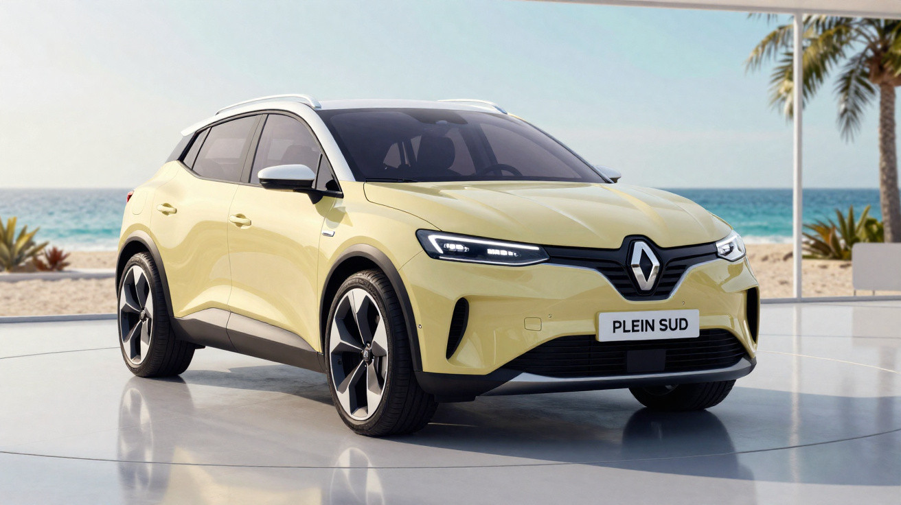 Gelber Renault SUV Elektroauto vor Strandkulisse mit Palmen und Meer im Hintergrund