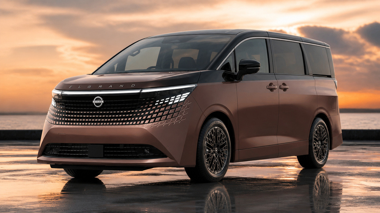 Braun-schwarzer Nissan Elgrand Van vor Sonnenuntergang am Wasser mit reflektierendem Asphaltboden.