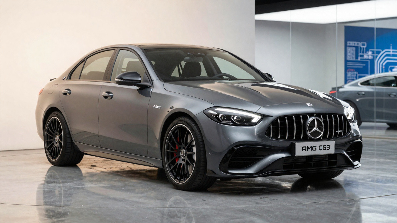 Grauer Mercedes AMG C63 Sportwagen in einem modernen, weißen Raum mit glänzendem Boden.