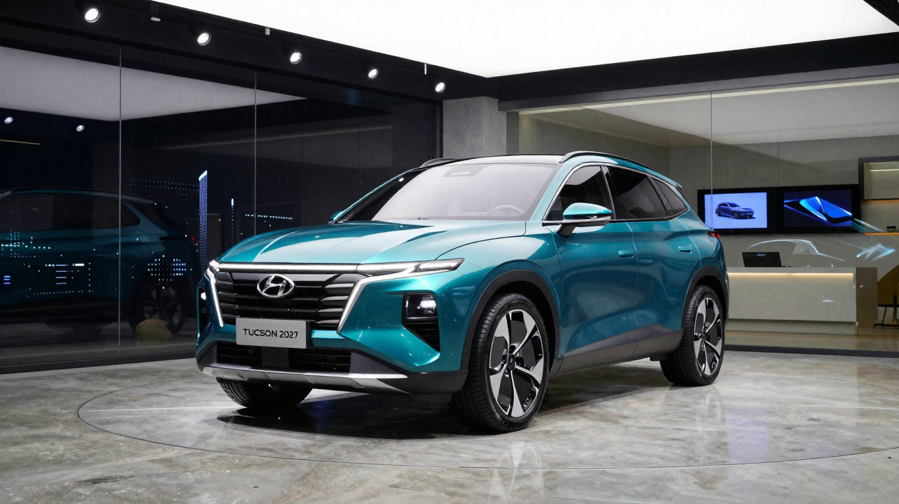 Blauer Hyundai Tucson 2027 SUV im modernen Showroom mit Glaswänden und Beleuchtung