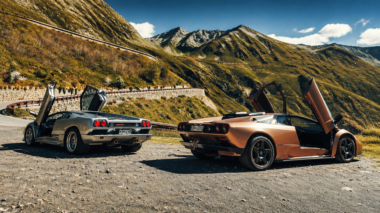 Zwei Lamborghini-Sportwagen mit geöffneten Flügeltüren auf Bergstraße mit Alpenpanorama im Sonnenschein.