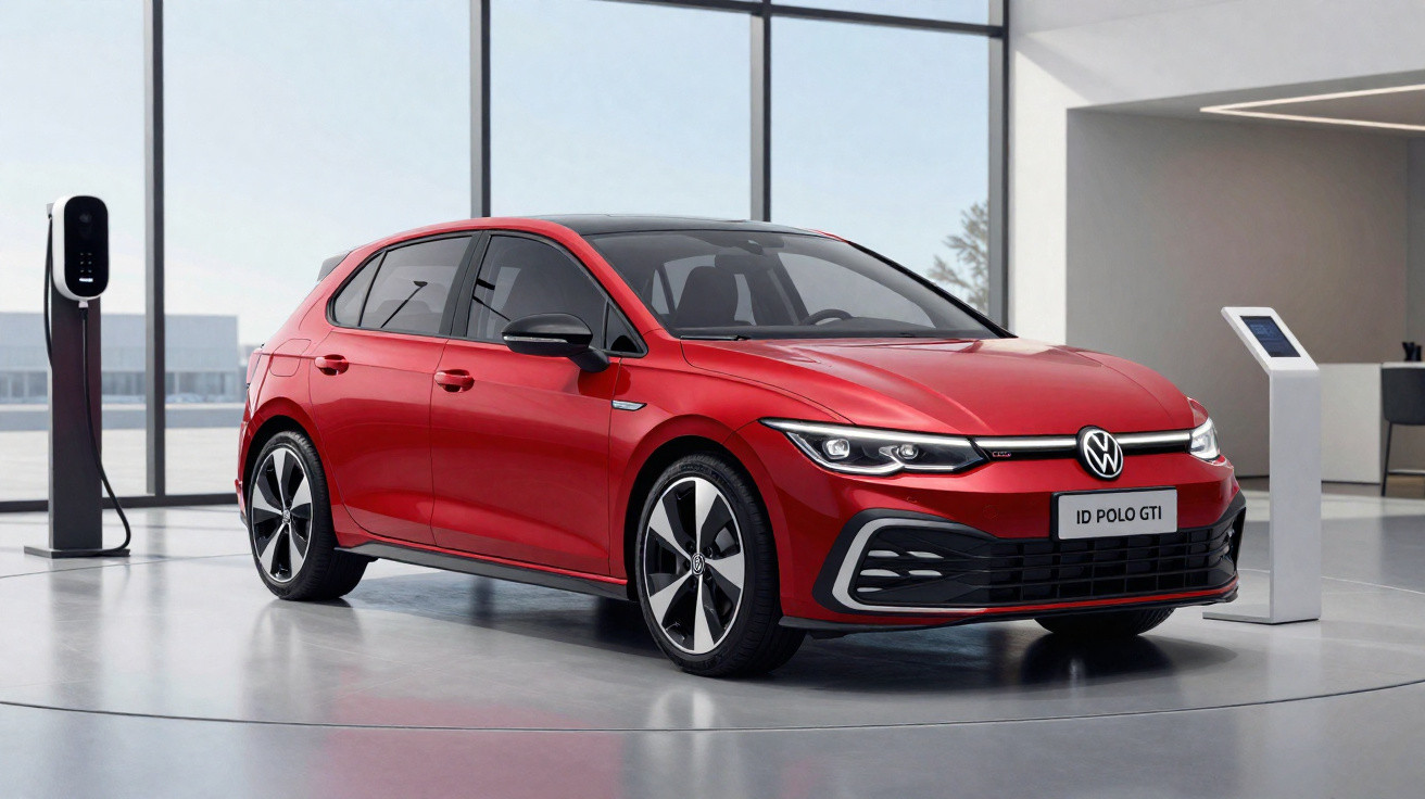 Roter Volkswagen ID. Polo GTI vor einer Ladestation in einem modernen, hellen Ausstellungsraum.