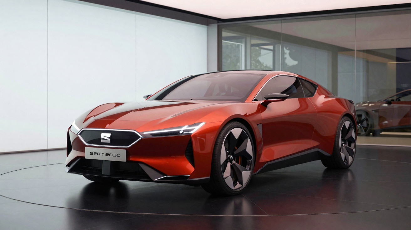 Roter SEAT 2030 Sportwagen mit futuristischem Design in modernem Ausstellungsraum auf drehbarem Podest.