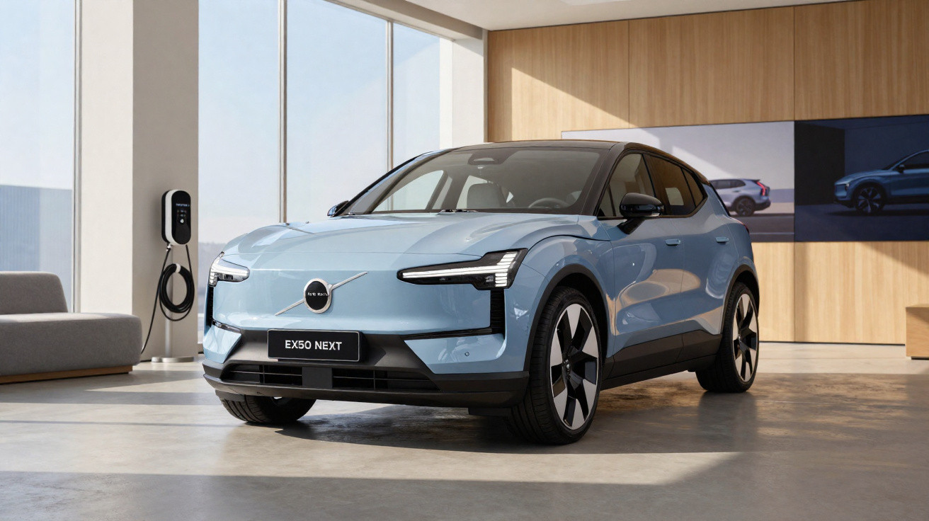 Blauer Volvo EX50 Next Elektro-SUV in modernem Showroom mit Ladestation und Sofabereich.