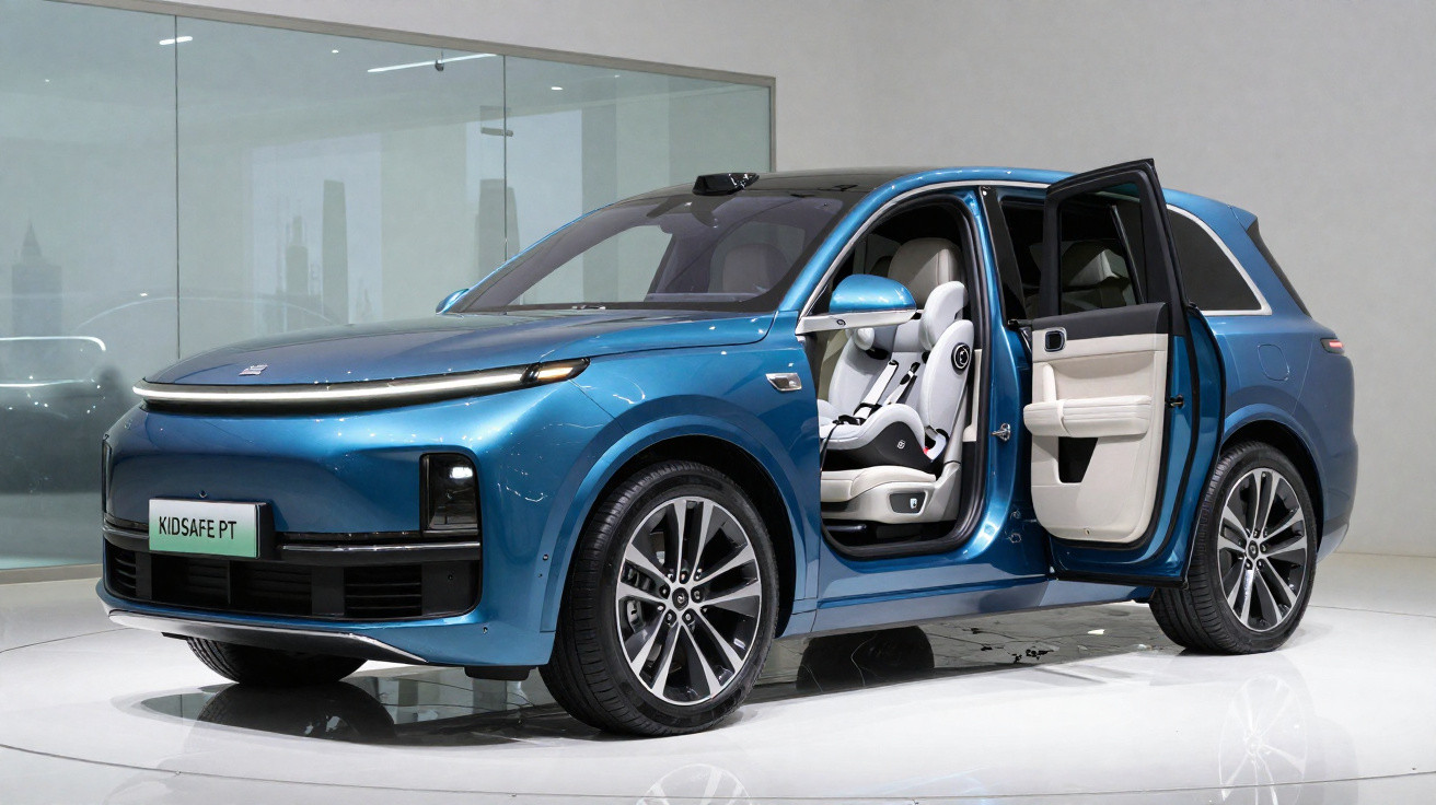 Blaues modernes SUV mit offenem Fondtür und Kindersitz, in heller Ausstellungshalle stehend