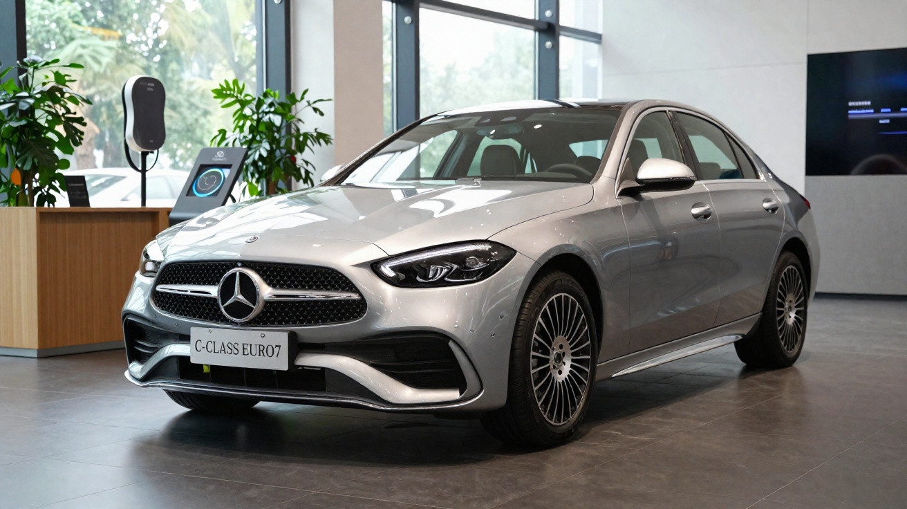 Silberner Mercedes-Benz C-Klasse Euro 7 Limousine in modernem Showroom mit Ladestation im Hintergrund.