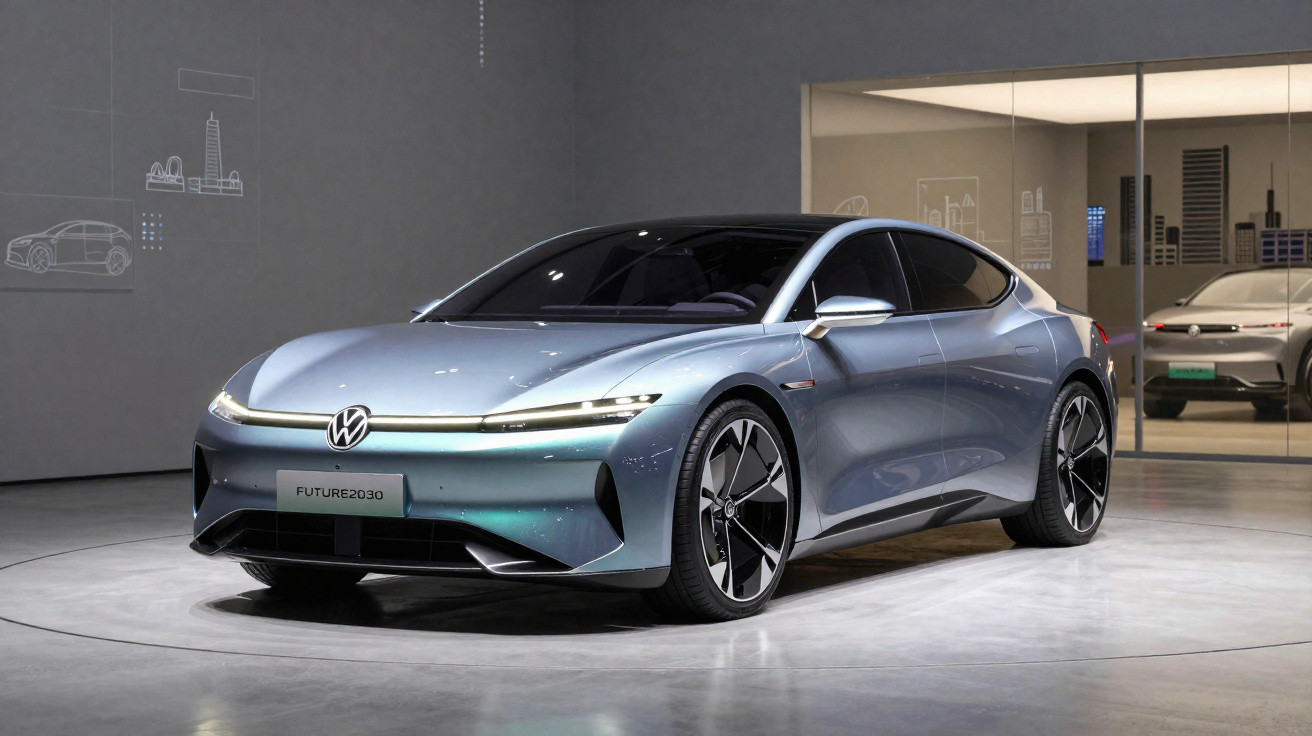 Blaues Elektroauto Volkswagen Future 2030 in moderner Ausstellungshalle mit reflektierendem Boden
