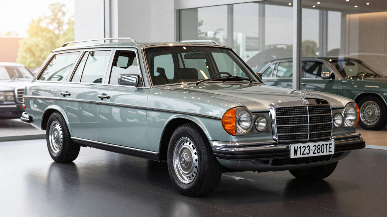 Blauer Mercedes-Benz W123 Kombi im Ausstellungsraum mit Glasfront und anderen Fahrzeugen im Hintergrund.