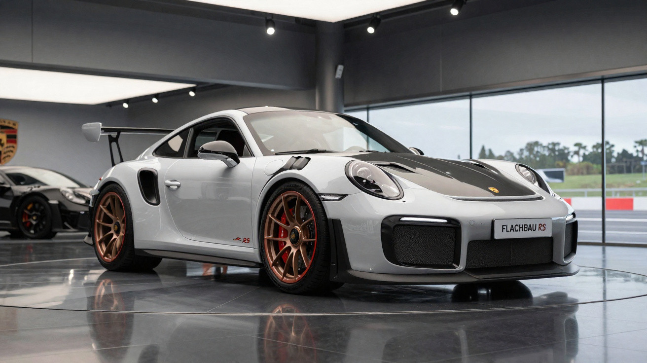 Silberner Porsche 911 GT2 RS mit bronzefarbenen Felgen in moderner Ausstellungshalle.