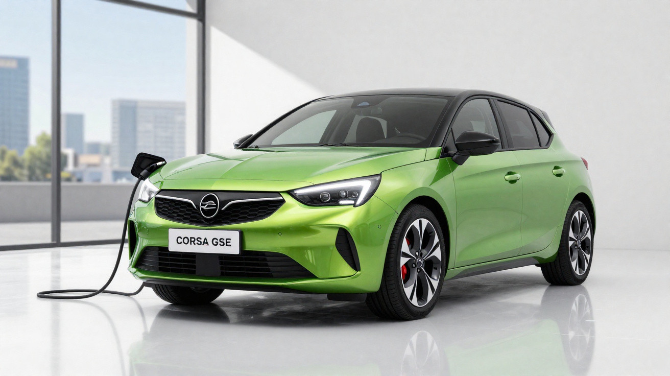 Grüner Opel Corsa GSE Elektroauto lädt in modernem Innenraum mit großer Fensterfront.