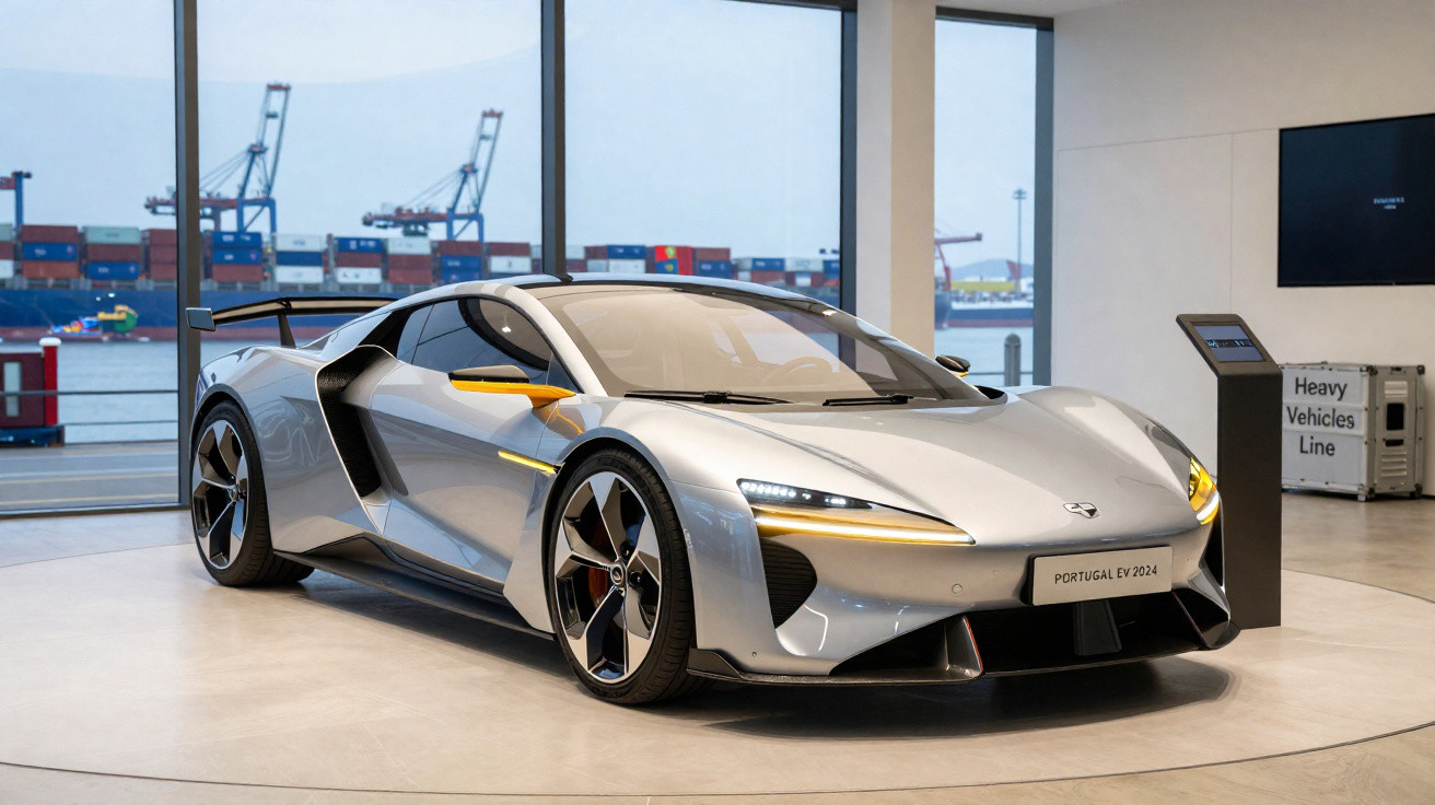 Silberner Sportwagen Portugal EV 2024 in moderner Ausstellungshalle mit Hafen und Containerkränen im Hintergrund.