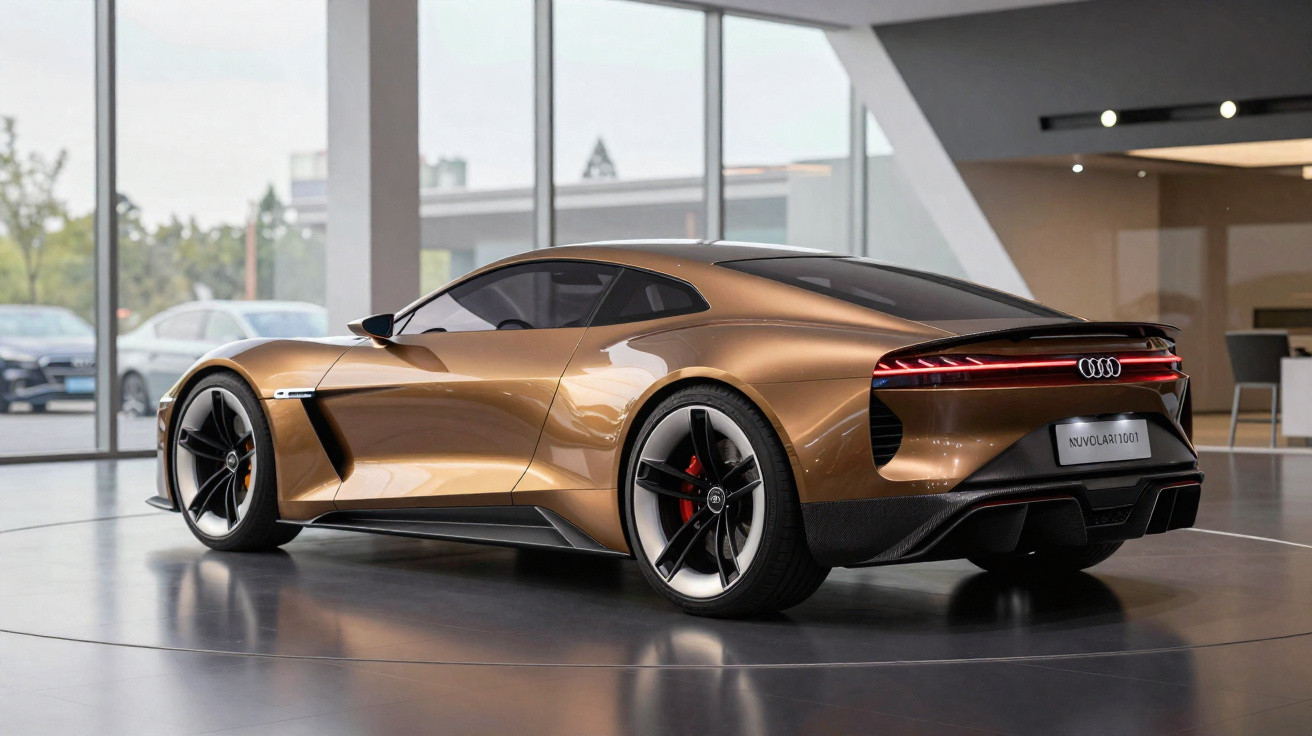 Braunes Audi Konzeptauto mit futuristischem Design in einem modernen Ausstellungsraum.