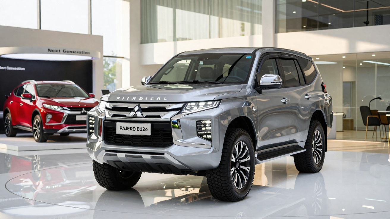 Silberner Mitsubishi Pajero EU24 SUV in einem hellen Autohaus, rotes SUV im Hintergrund sichtbar.