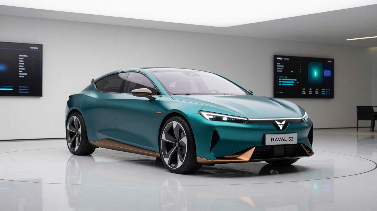 Elektrisches Luxusauto in Türkis mit Bronzeakzenten steht in modernem Showroom, Modell Raval 52.